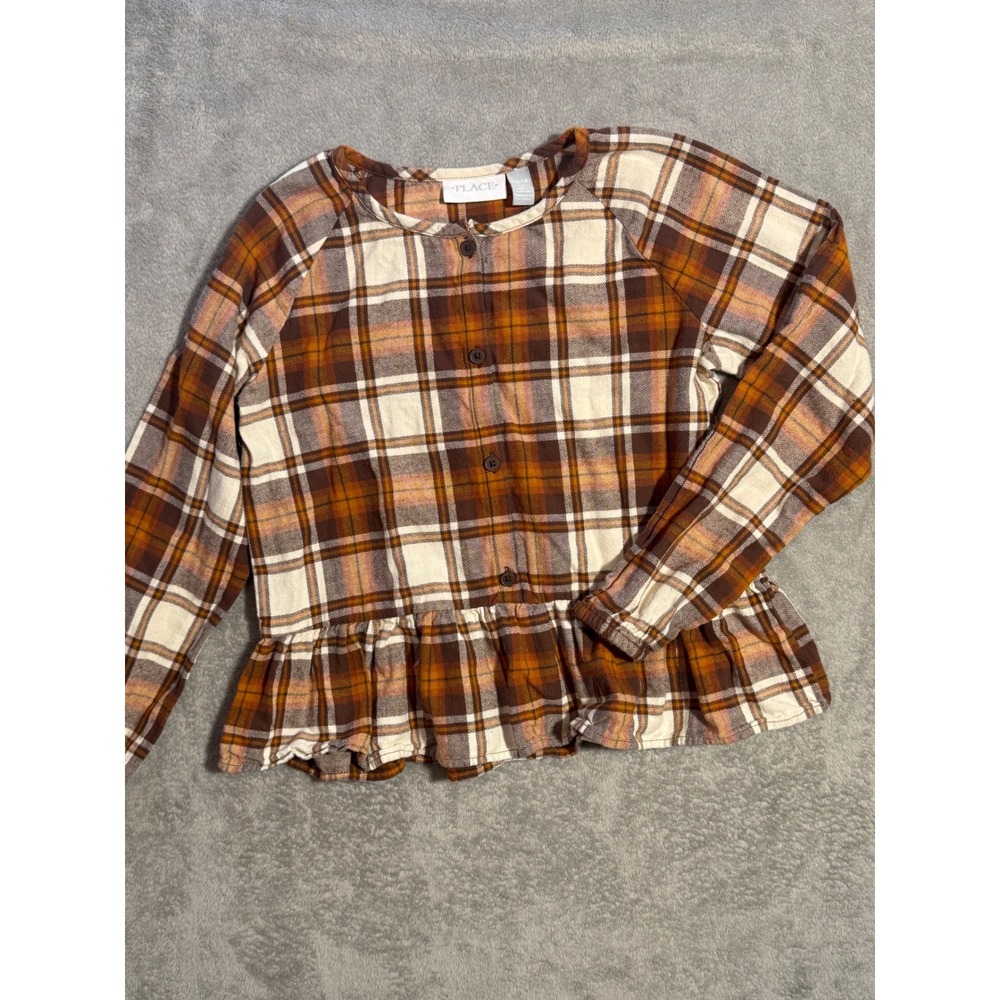 Childrens Place Girls Brown Orange Plaid Flannel Peplum Button Down Top 10/12